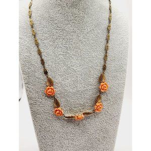 Antique Art Nouveau Celluloid Faux Coral Flower & Decorative Brass Necklace A478